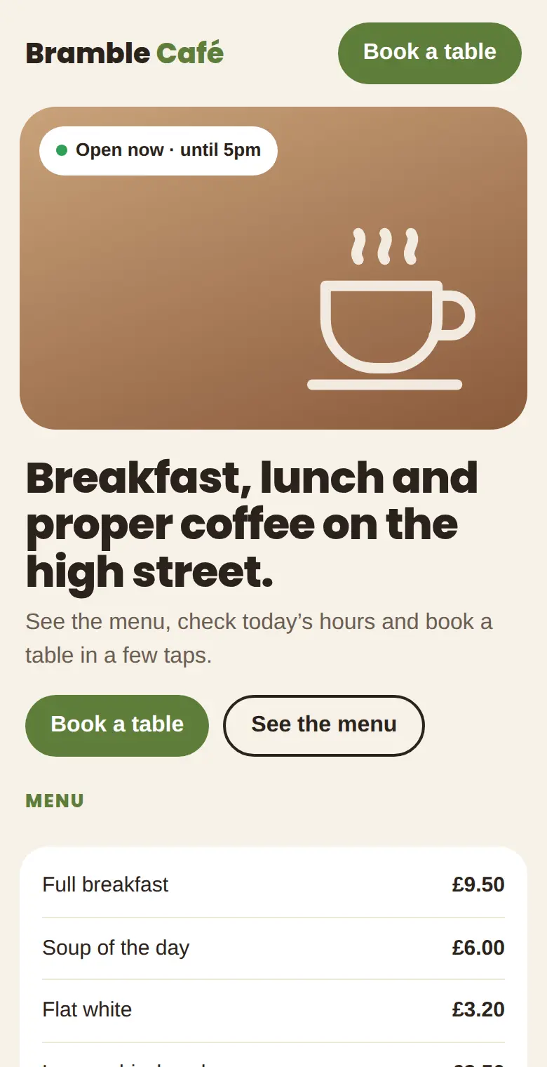After: a clear phone-first page with a Book a table button, opening hours and the menu with prices