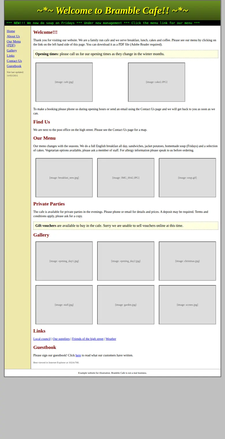Before: an old desktop-only page with tiny text, no prices and no booking