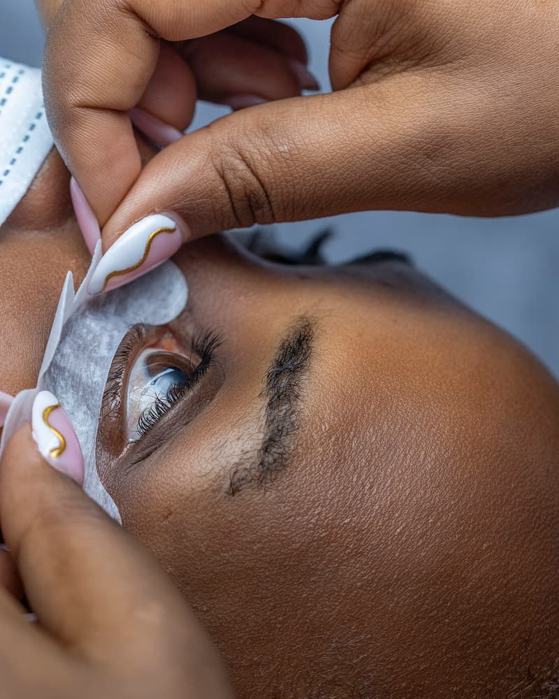 A therapist placing an under-eye pad before a lash treatment